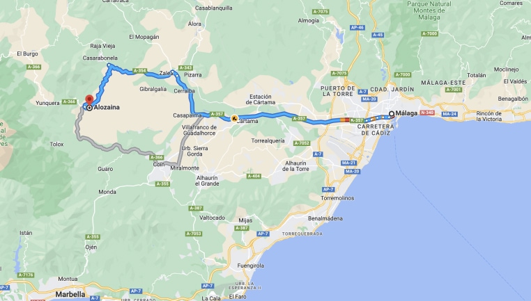 Un mapa que muestra la ruta de cómo llegar a la carretera de Alozaina en España.